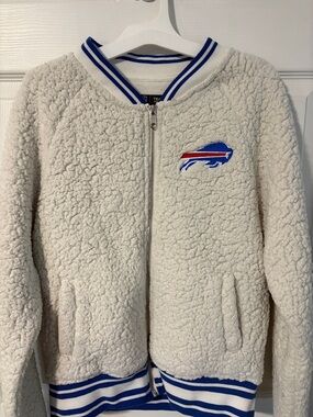 NFL Buffalo Bills Cream Sherpa Bomber Jacket with Blue & Red Trim
